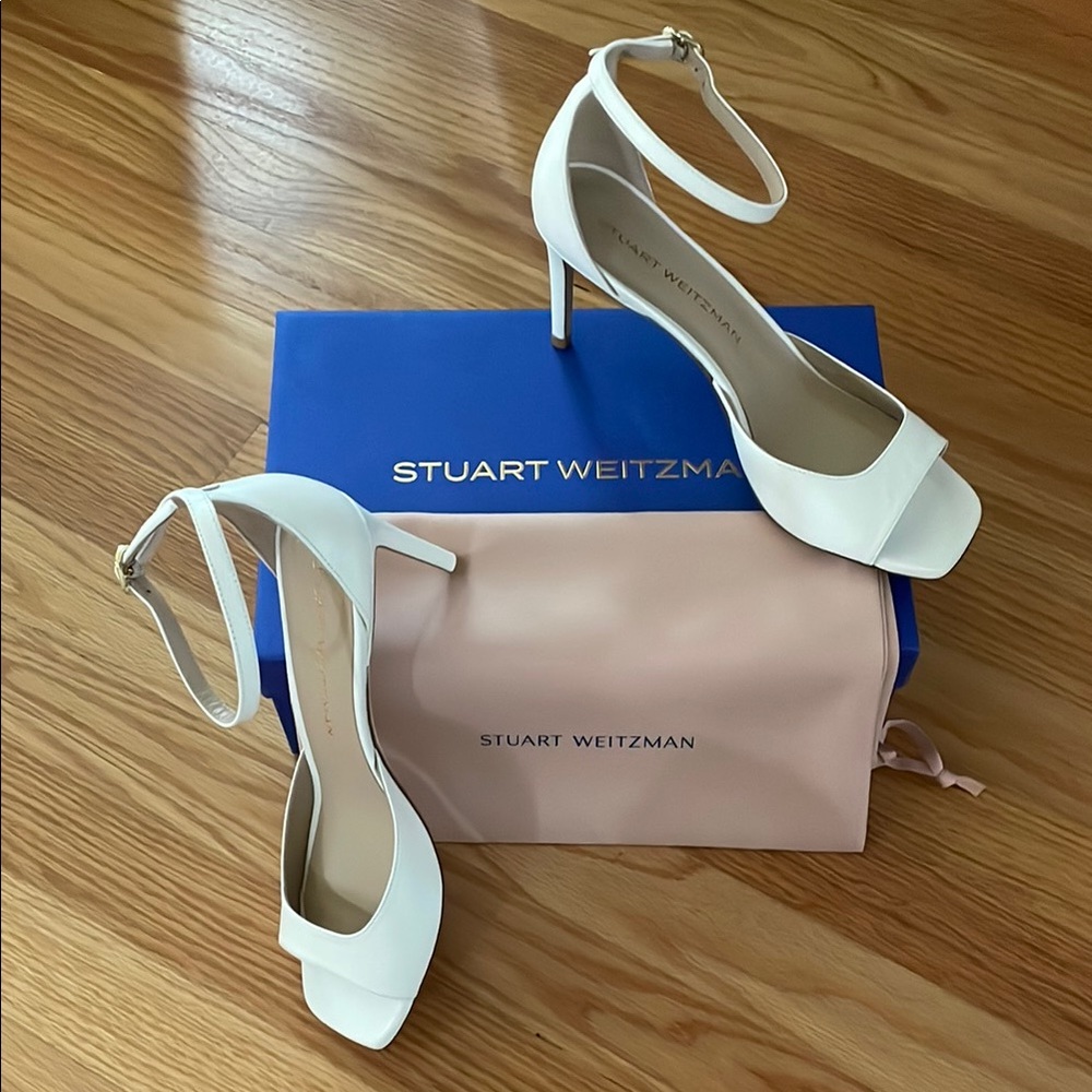 Stuart Weitzman White Open-Toe Ankle-Strap Stiletto Heels